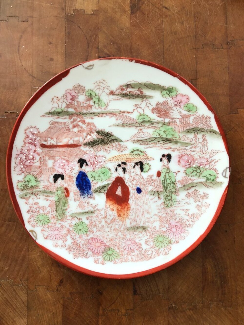 Vintage Hand Painted Porcelain Red Pink Green Geisha Girl Serving Plate